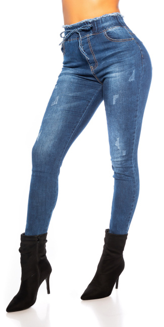 Trendy Casual Drawstring Jeans Blue